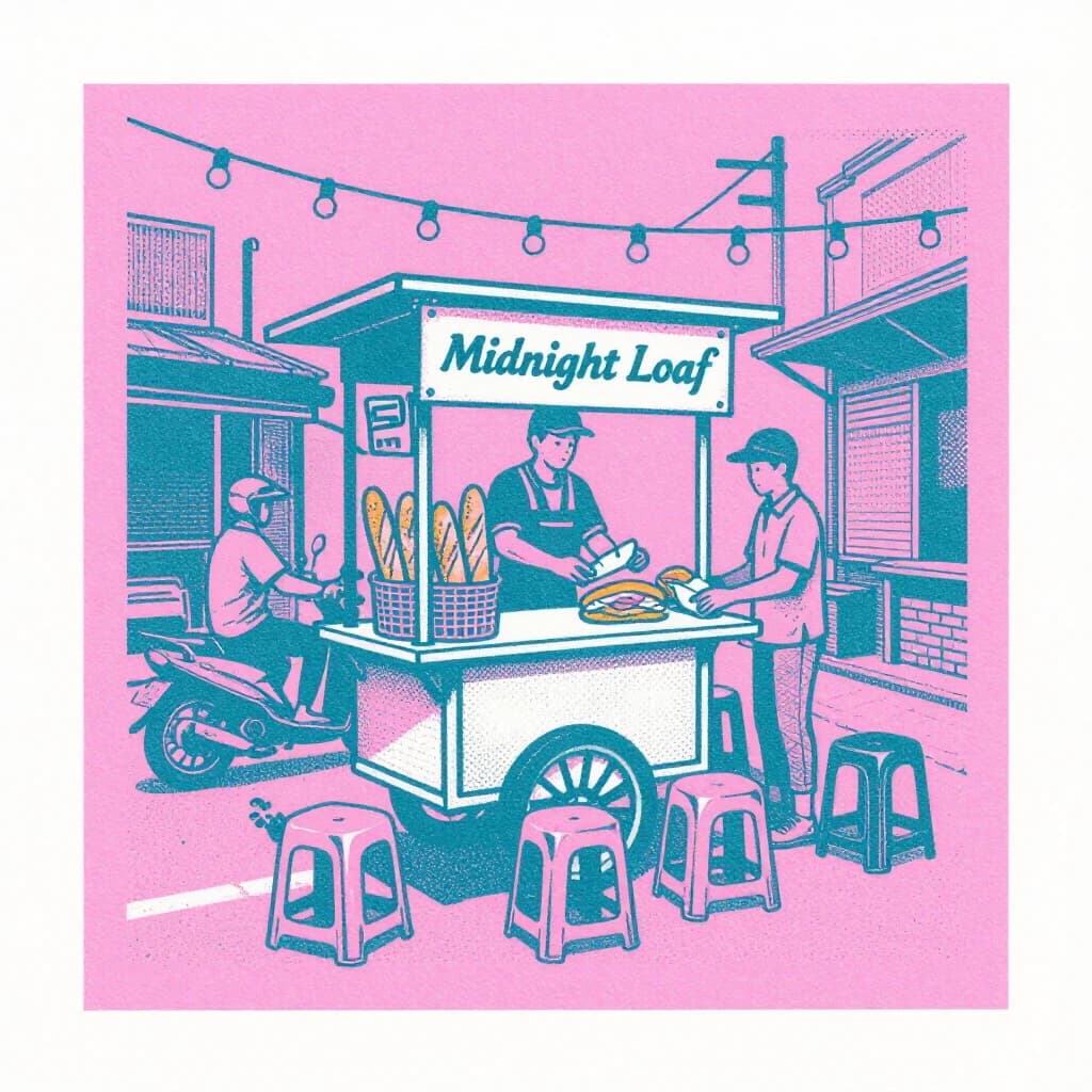Two-color risograph print key art in fluorescent pink and teal with visible misregistration and paper grain, for a street food courier game. A night market alley: the banh mi cart at center with three baguettes standing upright in a basket and two more being sliced by the vendor, who hands one wrapped sandwich down to a courier straddling a scooter. Four plastic stools in front of the cart, three occupied and the one nearest the gutter tipped over. Two strings of bulbs cross overhead. A dog waits under the cart axle. The stall banner reads "Midnight Loaf".
