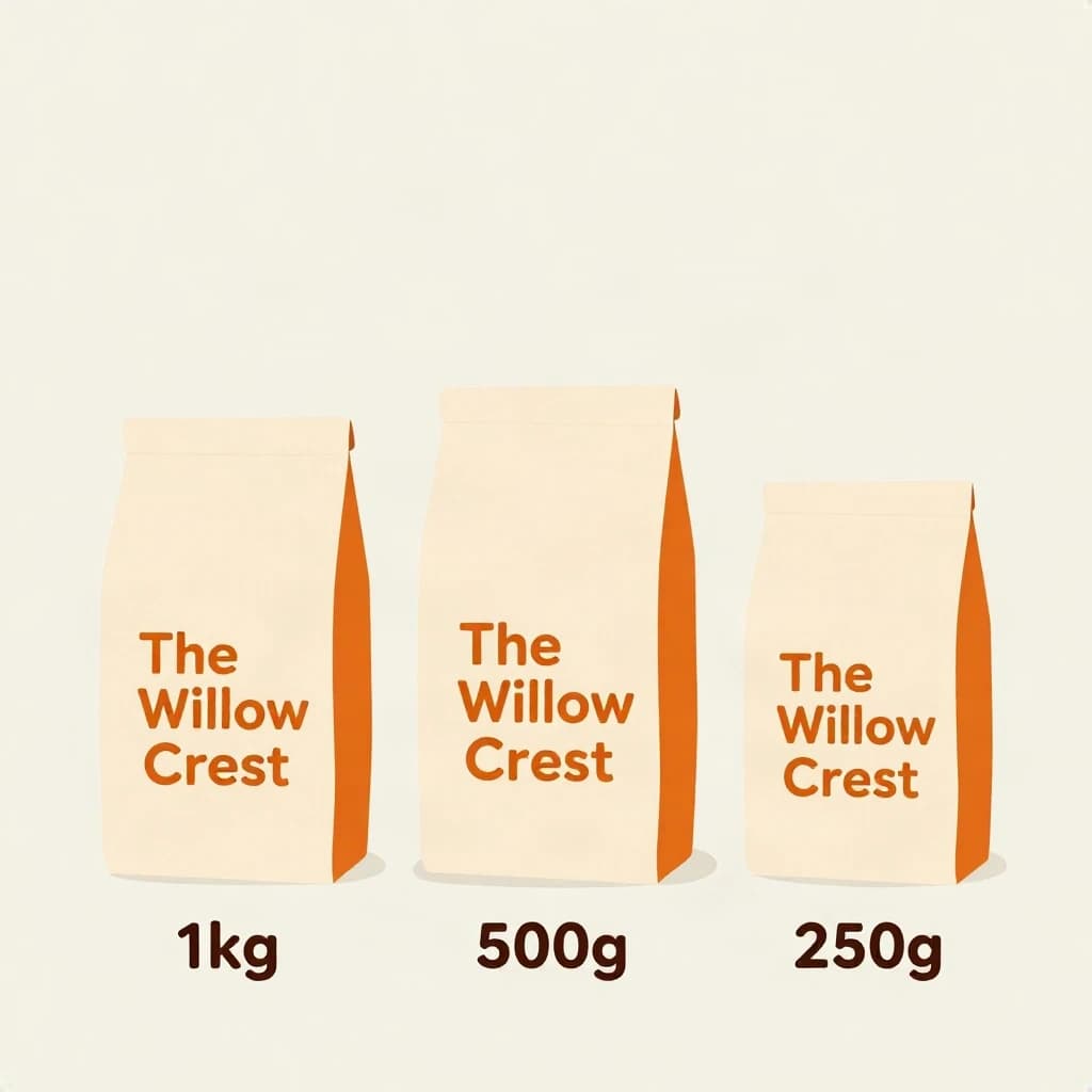 Flat vector illustration of the same coffee bag drawn in three sizes, captioned "1kg", "500g" and "250g", every size carrying the wordmark "The Willow Crest" in the same orange-and-brown coloring, only the bag size changing.