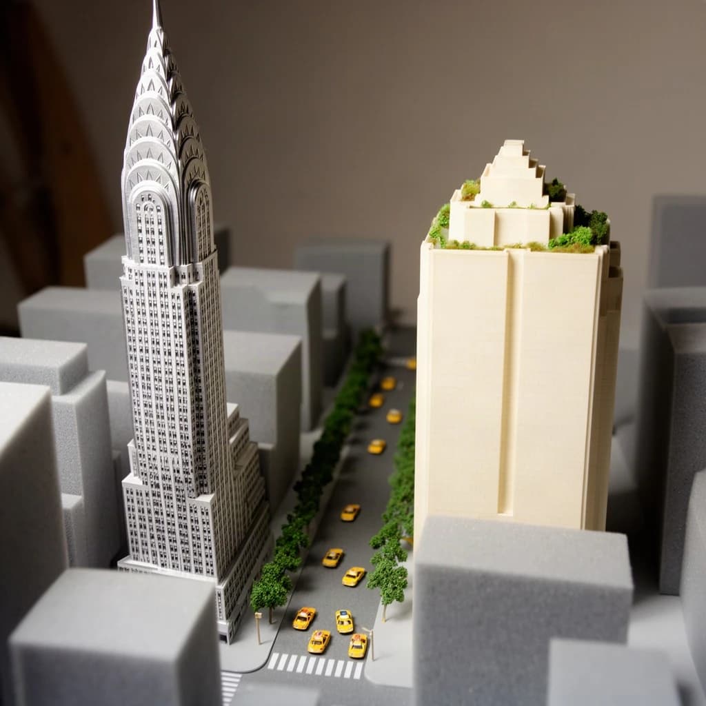 Tilt shift photograph of a hand built architectural scale model of a Midtown Manhattan block, studio lit from the upper left.
The Chrysler Building stands on the corner in polished silver card with its stepped crown and triangular windows. Directly across the street sits a proposed cream limestone tower, two floors shorter, topped by a stepped roof garden. Between them four smaller grey massing blocks in plain foam. Six tiny yellow cabs on the avenue, three stopped at the crossing and three queued behind, with a line of green model trees down the median.