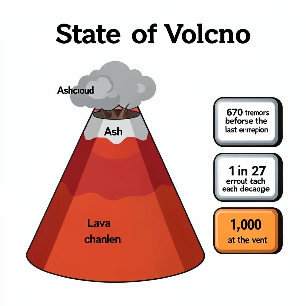 Flat vector illustration titled "State of Volcano": at the center a cutaway cone, carrying three keyed regions, "Lava channel" shaded red, "Ash cloud" shaded gray and "Magma chamber" shaded orange, beside a right column of three stat chips reading "670 tremors before the last eruption", "1 in 27 erupt each decade" and "1,000 degrees at the vent".