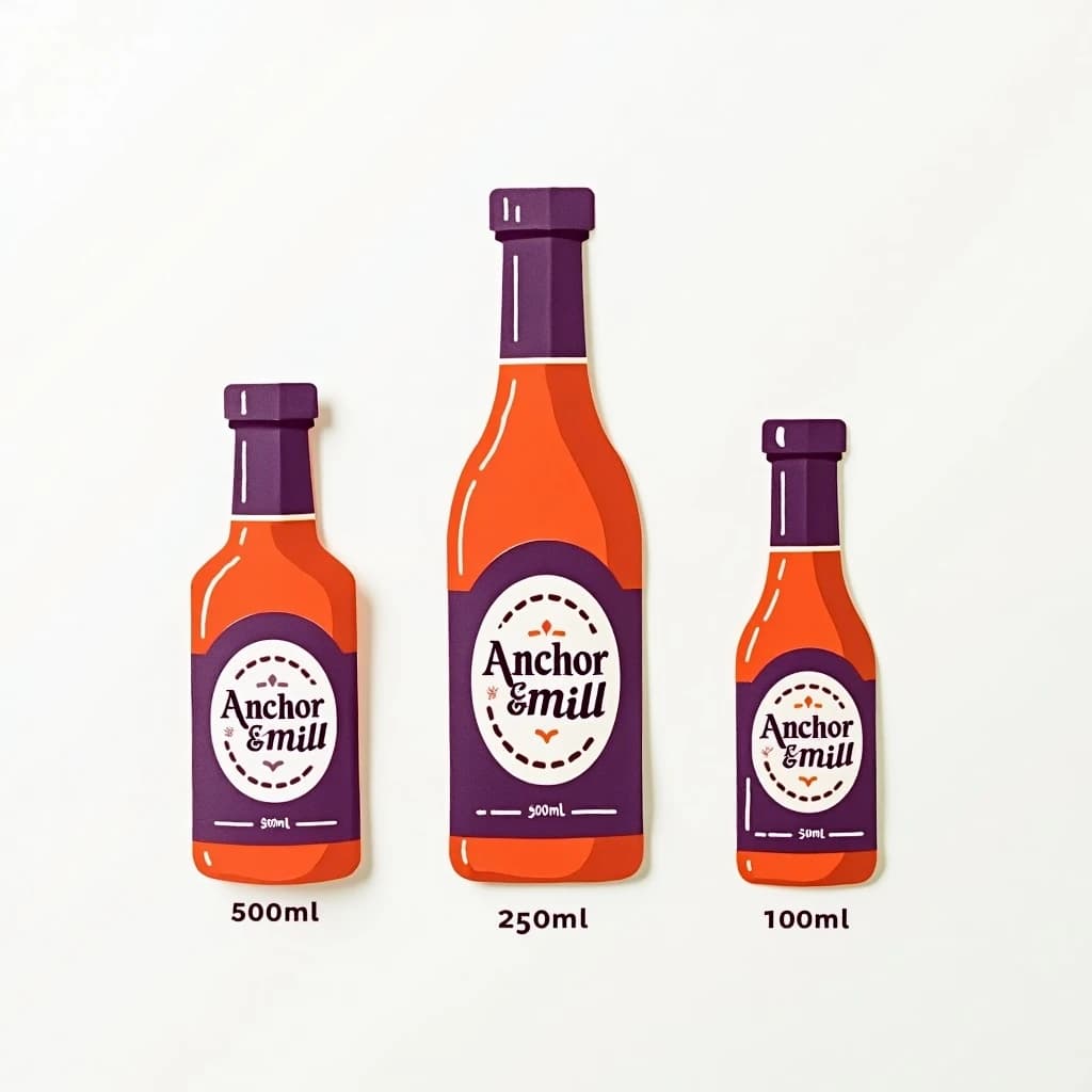 Cut-paper collage of the same hot-sauce bottle drawn in three sizes, captioned "500ml", "250ml" and "100ml", every size carrying the wordmark "Anchor & Mill" with a six-tooth gear mark beside it in the same purple-and-white coloring, only the bottle size changing.
