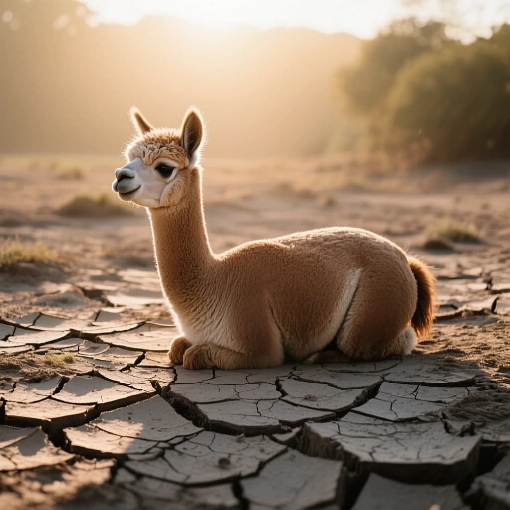 quiet alpaca on cracked earth, backlit