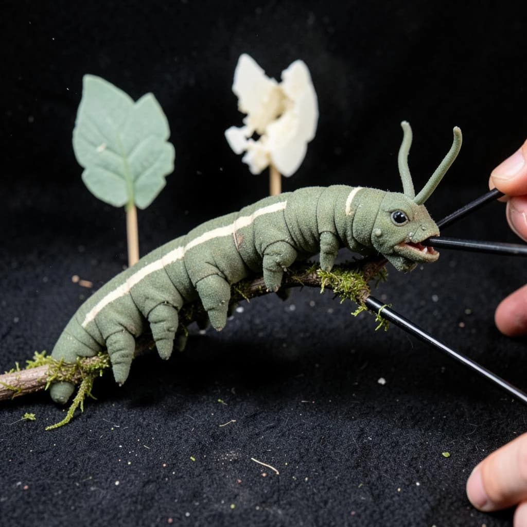 Macro photography of a practical effects test on a soundstage floor. A metre-long animatronic caterpillar puppet, dull green with a cream stripe, arched over a moss-covered branch: eight pairs of stubby legs, the front three pairs gripping the branch, the rest hanging free. Two thin black rods run out of frame to the right where a puppeteer's hands are just visible, and a third rod supports the head, which is turned toward camera with its mandibles open. Behind it, three sprayed foam leaves on stands, the middle one already chewed through. Hard key from above, black felt background, dust in the air.
