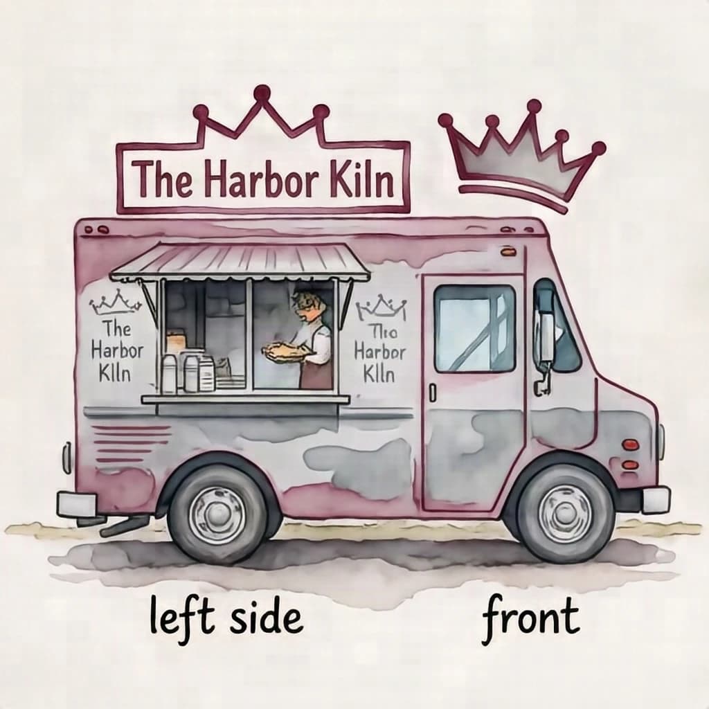 Watercolor of the same food truck drawn in two sides, captioned "left side" and "front", every side carrying the wordmark "The Harbor Kiln" with a simple crown outline beside it in the same maroon-and-gray coloring, only the side changing.