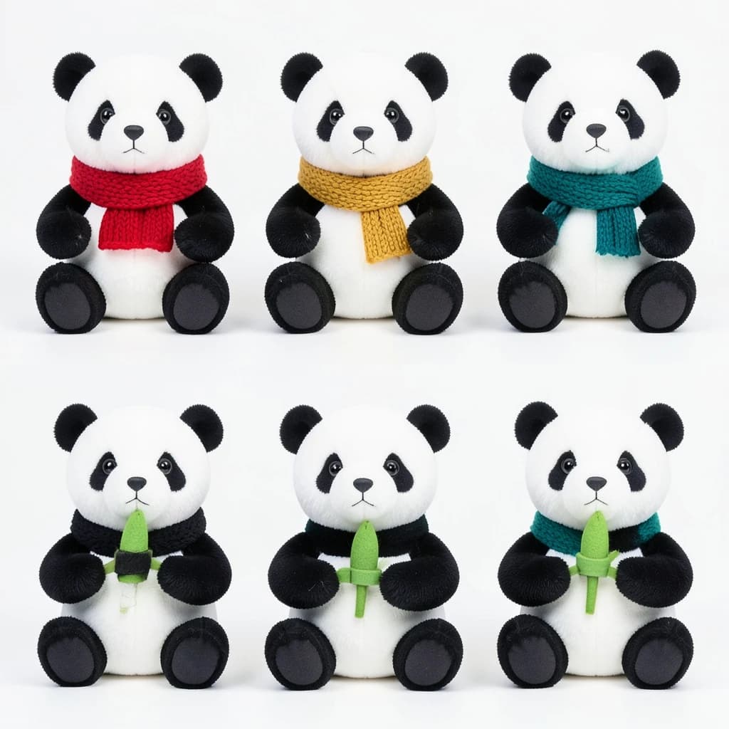 Studio product photography, plain white variant grid: six panda plushes in two rows of three, all seated facing camera. The top row wears knit scarves in red, mustard and teal. The bottom three wear no scarves, each holding a small felt bamboo shoot.