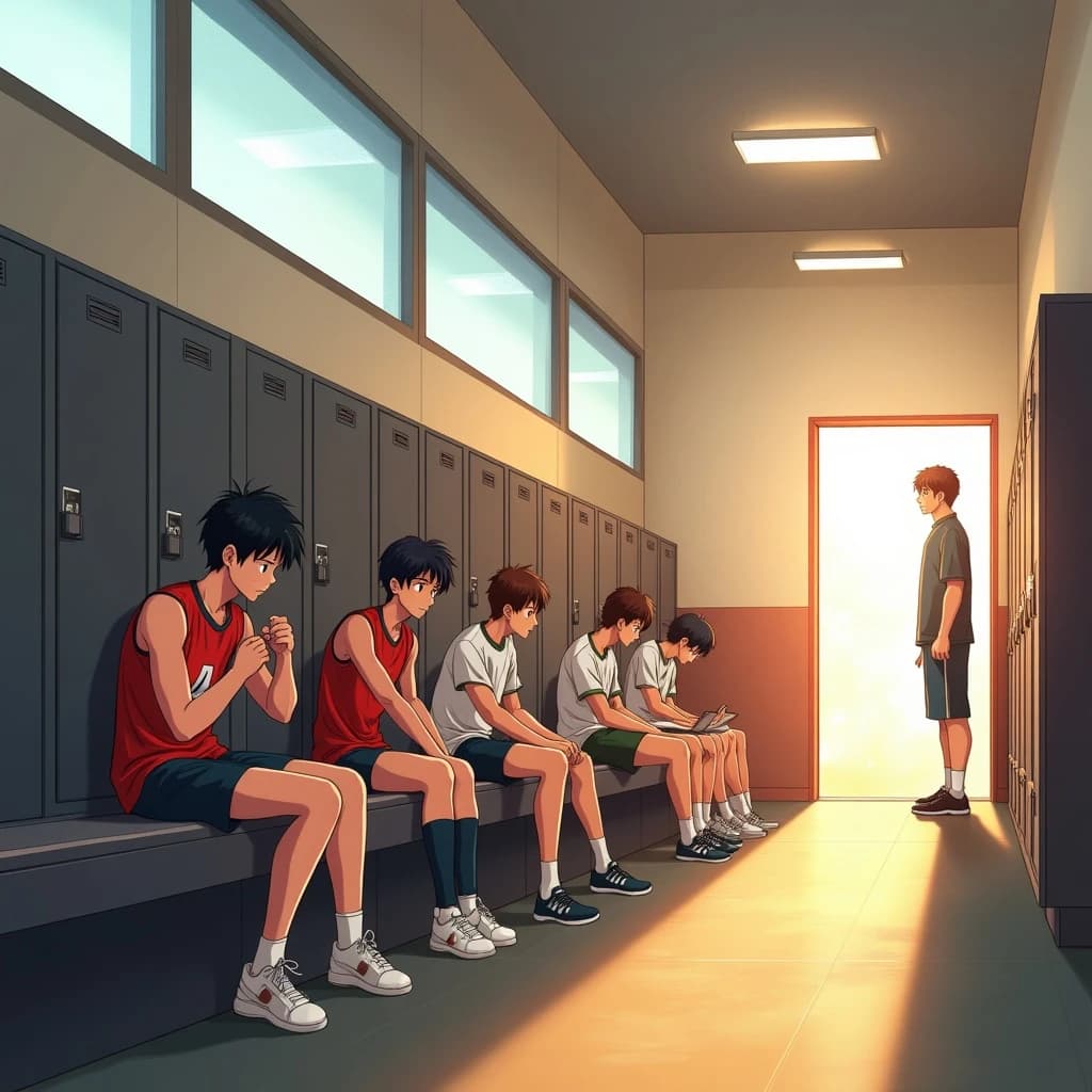 Modern anime interior for a high school volleyball series, wide view down a team locker room after practice. Eight lockers along the back wall in two banks of four, the three on the far left hanging open with jerseys spilling out and the rest shut. Four players occupy the foreground bench: the setter re-taping two fingers, the libero pulling on a knee sleeve, the captain reading a clipboard, and a first year asleep sitting upright with a towel over his face. A coach stands in the right doorway holding a whistle, half in shadow. Warm late-sun bars fall through high frosted windows, cel shading, clean bold linework.