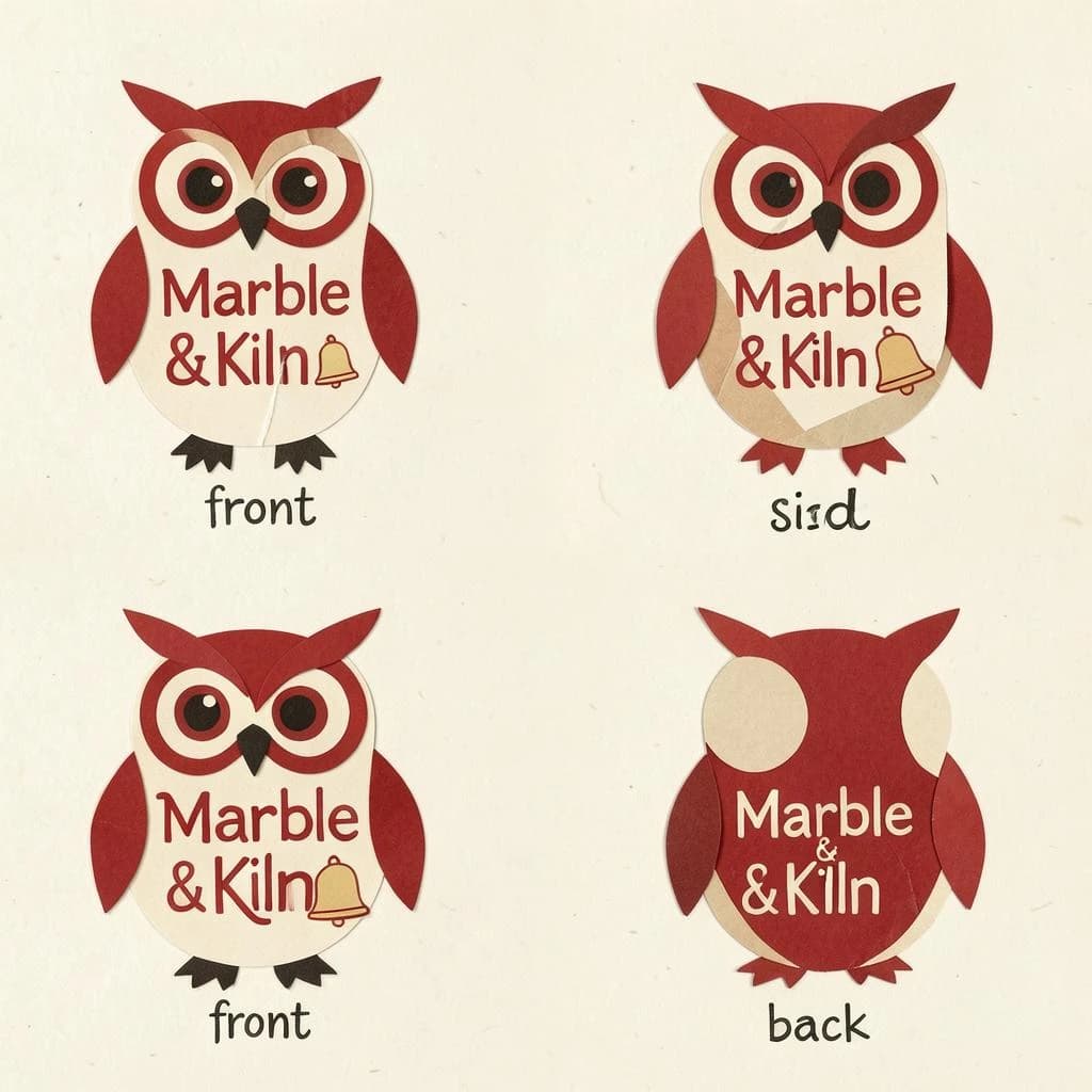 Cut-paper collage of the same bookstore owl mascot drawn in three views, captioned "front", "side" and "back", every view carrying the wordmark "Marble & Kiln" with a small bell outline beside it in the same red-and-cream coloring, only the angle changing.