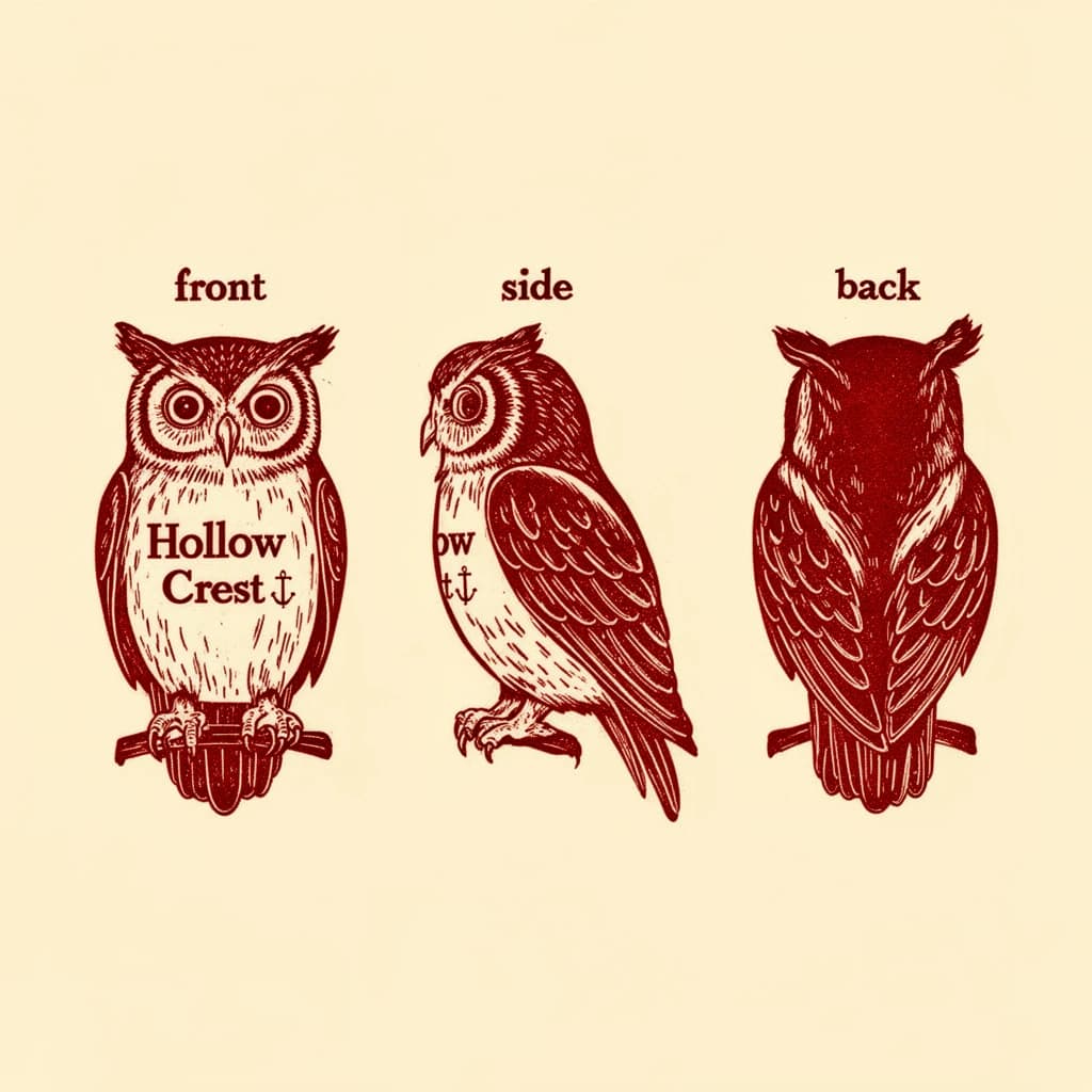 Linocut print: one bookstore owl mascot in three views. The views are captioned "front", "side" and "back" in that order. The wordmark "Hollow Crest" appears on every view with a small anchor mark beside it. The red-and-cream coloring is the same across every view, and only the angle changes.