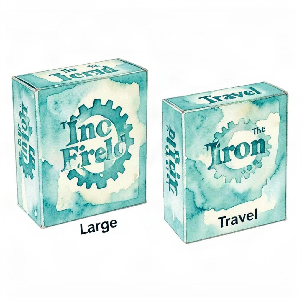 Watercolor: one board-game box in two editions. The editions are captioned "Large" and "Travel" in that order. The wordmark "The Iron Field" appears on every edition with a six-tooth gear mark beside it. The teal-and-cream coloring is the same across every edition, and only the box size changes.