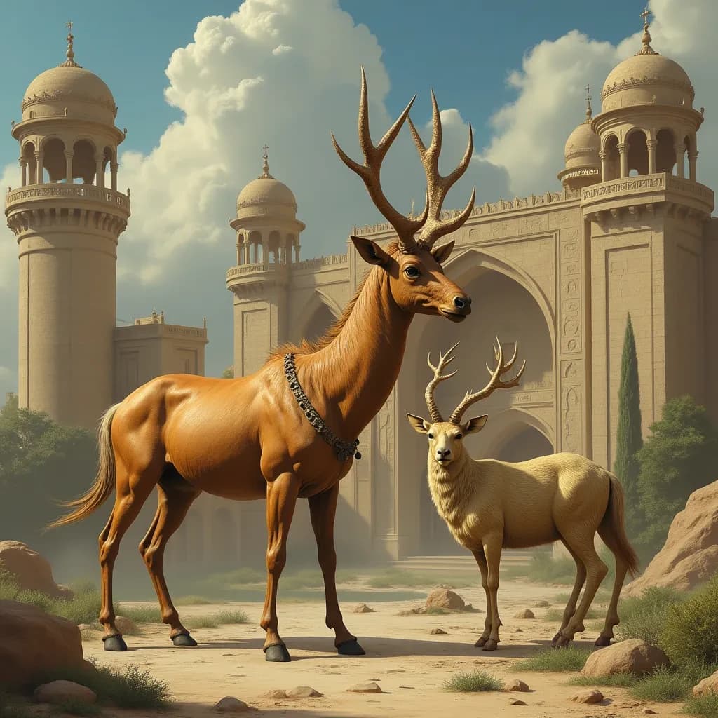 Aerie and Artiodactyl in Baghdad, Iraq in the style of rococo