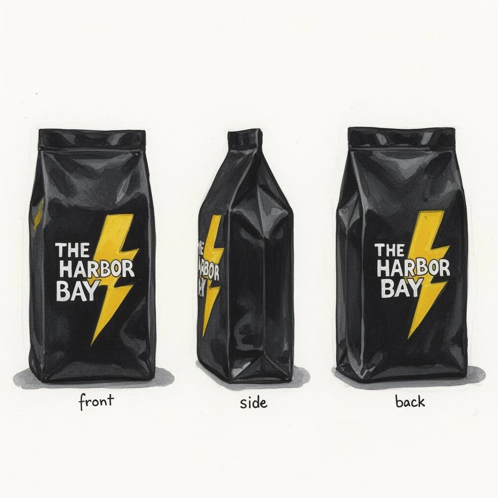 Gouache painting of the same coffee bag drawn in three views, captioned "front", "side" and "back", every view carrying the wordmark "The Harbor Bay" with a lightning-bolt symbol beside it in the same black-and-yellow coloring, only the angle changing.