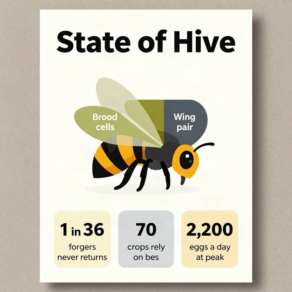 Printed poster titled "State of Hive". A labeled bee diagram sits at the center, carrying two keyed regions, "Brood cells" shaded olive and "Wing pair" shaded slate. Three stat chips run down a bottom row, reading "1 in 36 foragers never returns", "70 crops rely on bees" and "2,200 eggs a day at peak". Each key color matches the shading of the region it names.