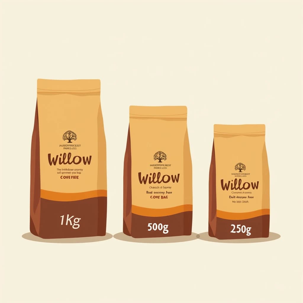 Flat vector illustration of the same coffee bag drawn in three sizes, captioned "1kg", "500g" and "250g", every size carrying the wordmark "The Willow Crest" in the same orange-and-brown coloring, only the bag size changing.