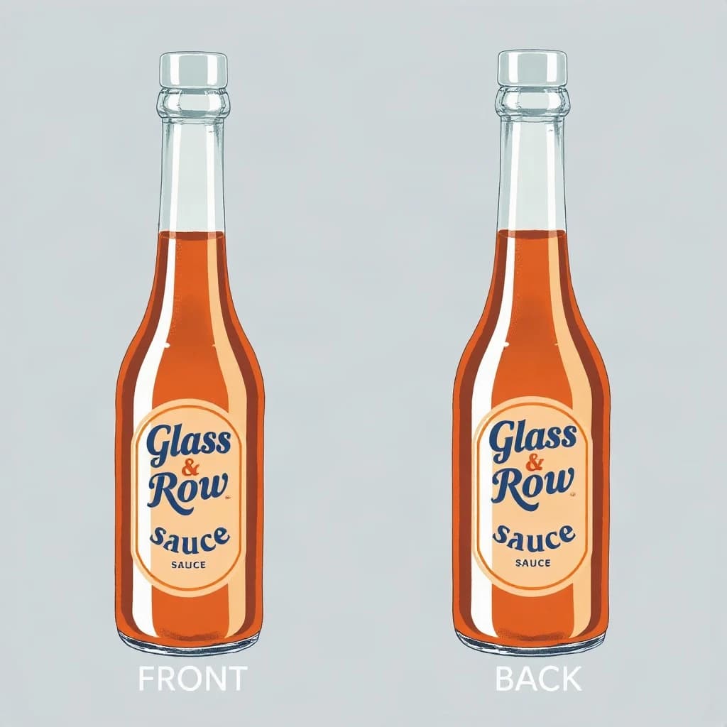 Printed poster of the same hot-sauce bottle drawn in two views, captioned "front" and "back", every view carrying the wordmark "Glass & Row" with a single droplet symbol beside it in the same blue-and-silver coloring, only the angle changing.