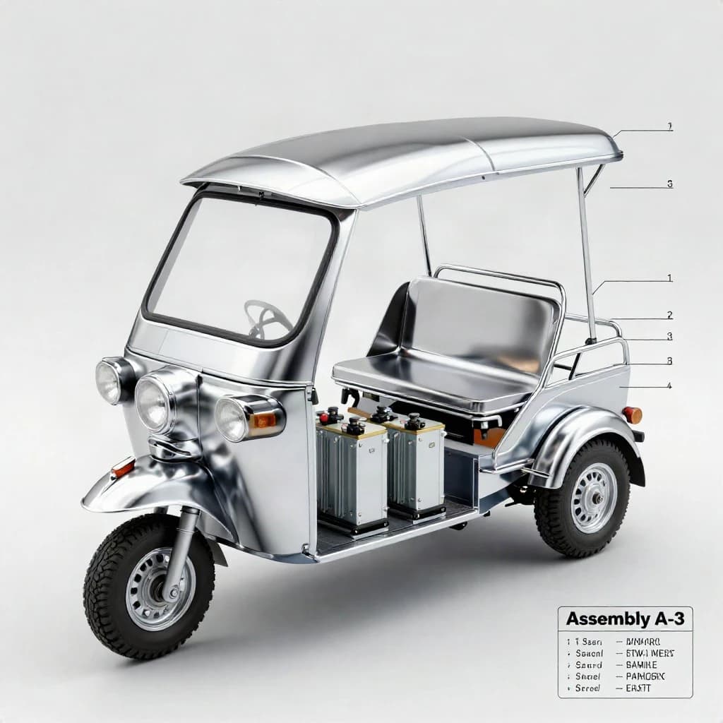 Exploded axonometric of an electric tuk-tuk, every part rendered in polished liquid chrome against a flat pale grey background, parts floating apart along thin leader lines. One front wheel below the fork, two rear wheels off the axle, two battery modules sliding out from under the bench seat with the left module taller than the right, four grab handles above the roof frame, one canopy panel on top. Numbered callouts one through seven with a parts list down the right edge and a title block reading "Assembly A-3".