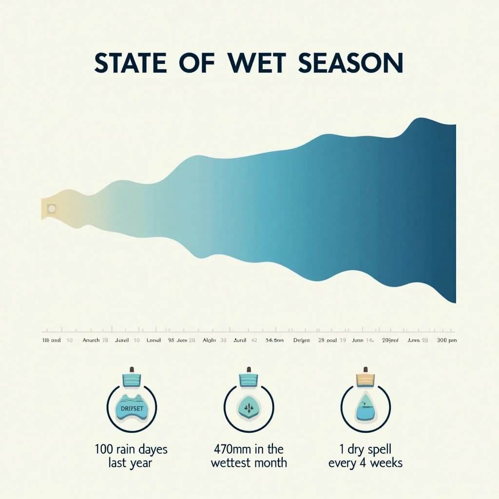 Flat vector illustration titled "State of Wet Season": at the center a twelve-month rainfall timeline, carrying two keyed regions, "Driest" shaded sand and "Wettest" shaded dark blue, beside a bottom row of three stat chips reading "190 rain days last year", "470mm in the wettest month" and "1 dry spell every 4 weeks".