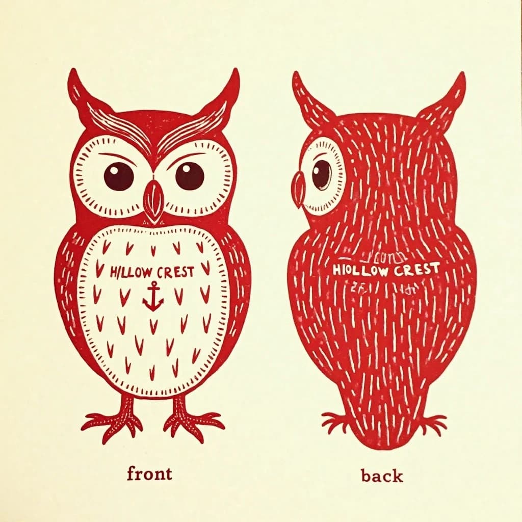 Linocut print: one bookstore owl mascot in three views. The views are captioned "front", "side" and "back" in that order. The wordmark "Hollow Crest" appears on every view with a small anchor mark beside it. The red-and-cream coloring is the same across every view, and only the angle changes.