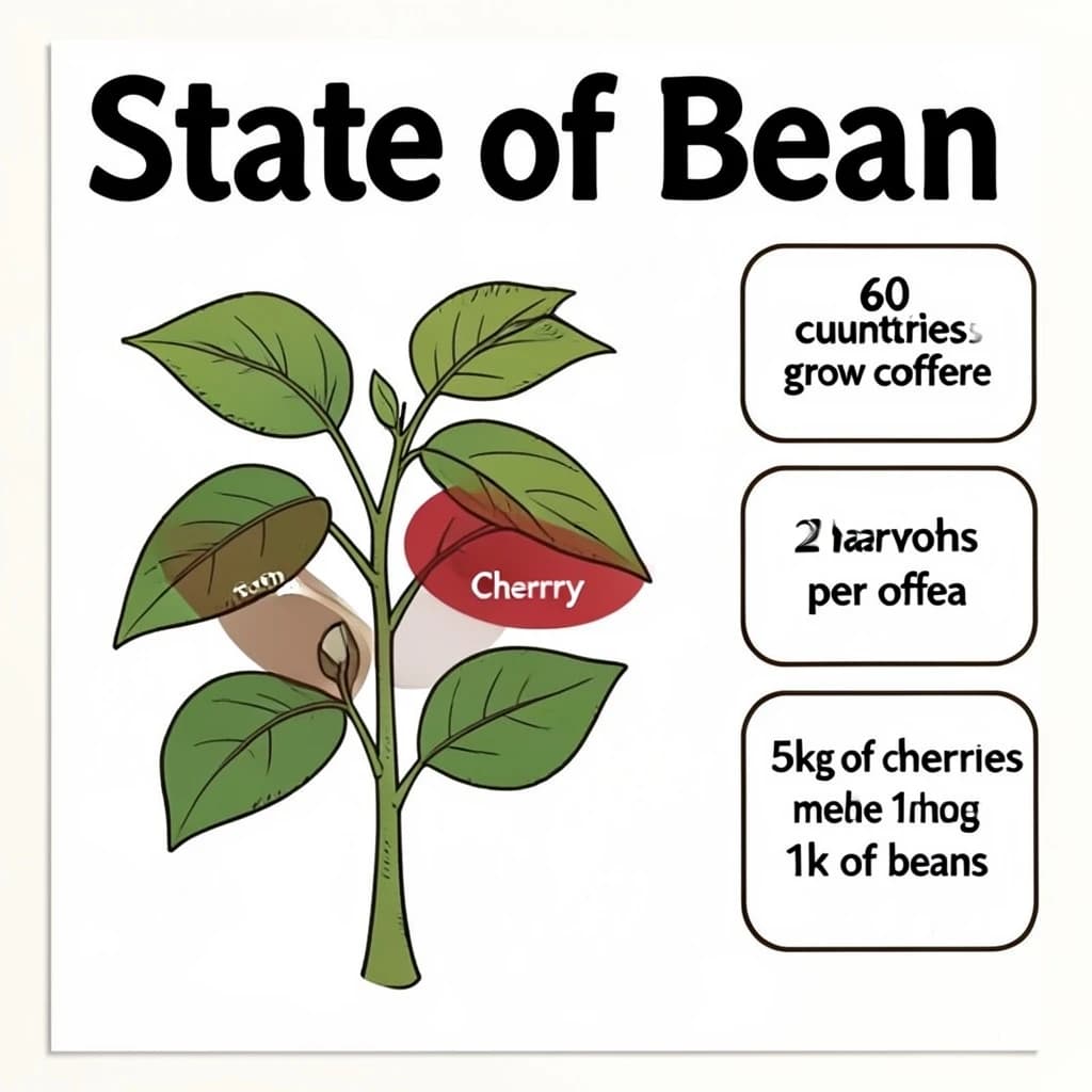 Printed poster titled "State of Bean": at the center a labeled coffee-plant diagram, carrying three keyed regions, "Bean" shaded brown, "Cherry" shaded red and "Leaf" shaded green, beside a right column of three stat chips reading "60 countries grow coffee", "5kg of cherries make 1kg of beans" and "2 harvests per year".