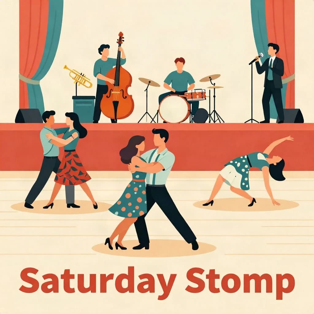 Flat design poster for a swing dance night. Four couples on a wooden floor, each caught in a different move: the front couple in a lift with the follower's feet off the ground, behind them a couple in a side by side kick, a third couple joined by one hand mid spin, and a fourth couple frozen in a dip near the back wall. All followers wear patterned dresses, all leaders wear braces and rolled sleeves. On a low stage behind them, a five piece band: two trumpets, a double bass, a drummer and a singer at a chrome microphone. Bold flat shapes, cream, teal and tomato red. "Saturday Stomp" in chunky letters along the bottom.