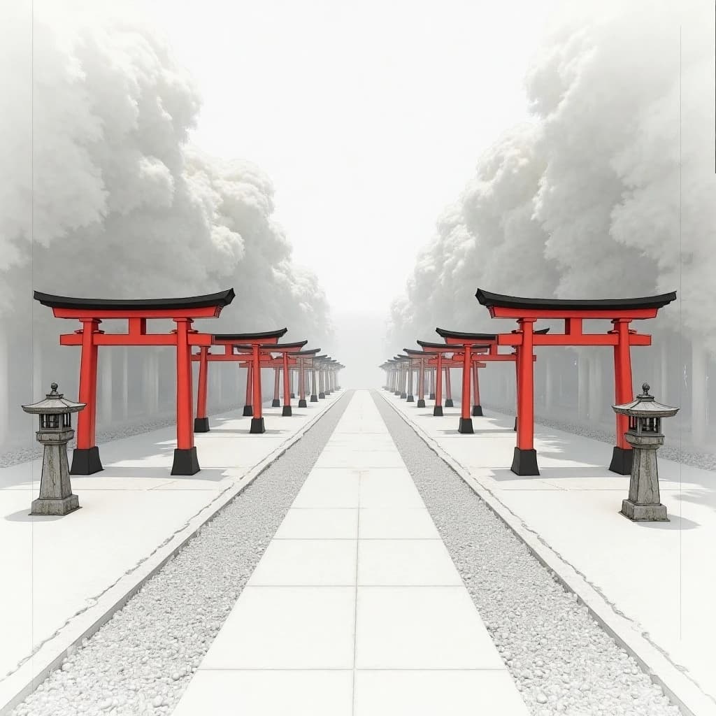 Architectural visualization of a shrine approach, soft daylight, matte grey and white presentation render. A straight gravel path runs from foreground to background under six torii gates set in a line, each gate shorter than the one before it. The four nearest gates are vermilion with black crossbeams; the two farthest are bare weathered timber. A pair of stone lanterns flanks the third gate only. Thin dimension lines mark each gate's clear width in metres, and a title block in the lower left corner reads "Approach Study, Gates 1 to 6".
