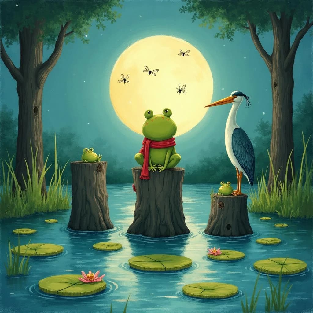 Story card in soft children's book illustration with crayon texture. A moonlit swamp with three cypress stumps in a row across the water. A small green frog in a red scarf sits on the middle stump. Two fireflies circle above his head while four more sit sleeping on the reeds to the left. A heron stands knee deep at the right edge, looking away from the frog. Nine lily pads float across the foreground, only one of them carrying a flower.