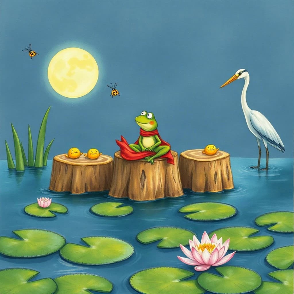 Story card in soft children's book illustration with crayon texture. A moonlit swamp with three cypress stumps in a row across the water. A small green frog in a red scarf sits on the middle stump. Two fireflies circle above his head while four more sit sleeping on the reeds to the left. A heron stands knee deep at the right edge, looking away from the frog. Nine lily pads float across the foreground, only one of them carrying a flower.