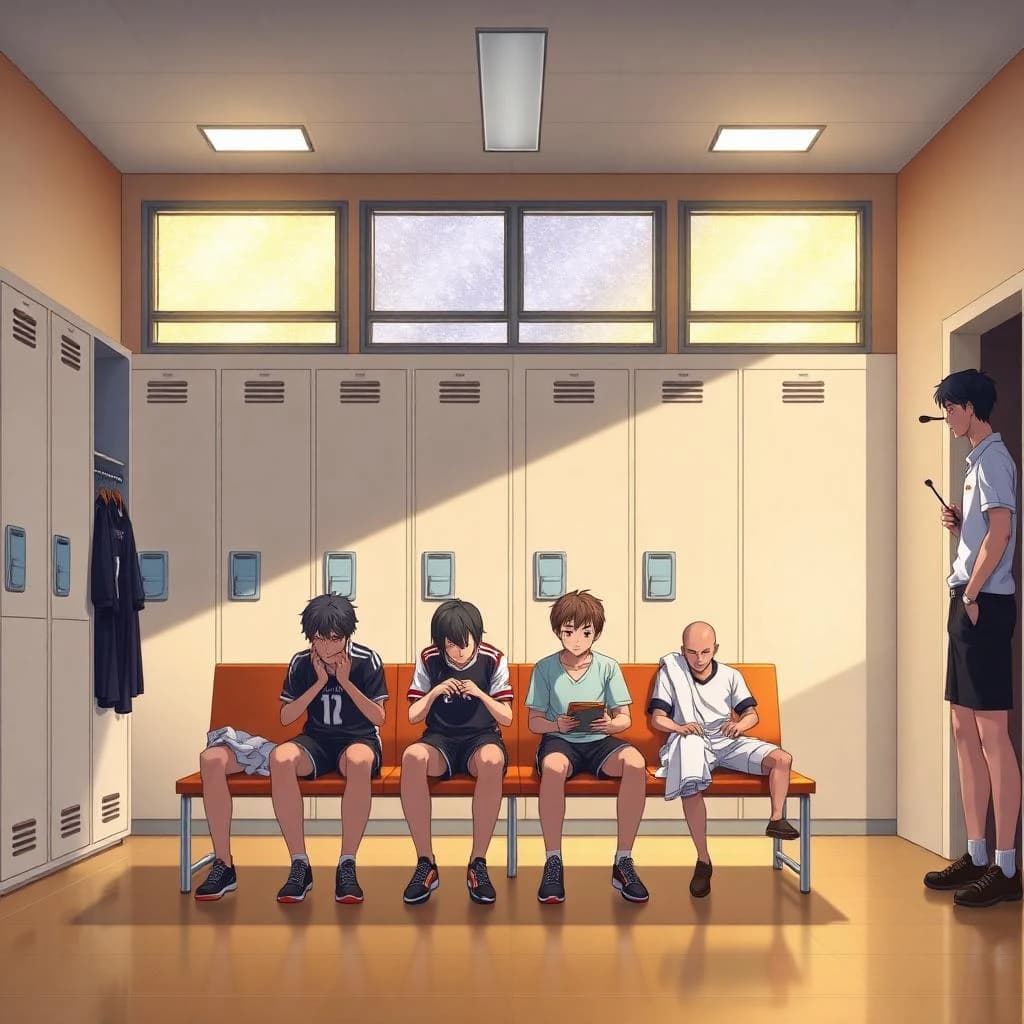 Modern anime interior for a high school volleyball series, wide view down a team locker room after practice. Eight lockers along the back wall in two banks of four, the three on the far left hanging open with jerseys spilling out and the rest shut. Four players occupy the foreground bench: the setter re-taping two fingers, the libero pulling on a knee sleeve, the captain reading a clipboard, and a first year asleep sitting upright with a towel over his face. A coach stands in the right doorway holding a whistle, half in shadow. Warm late-sun bars fall through high frosted windows, cel shading, clean bold linework.