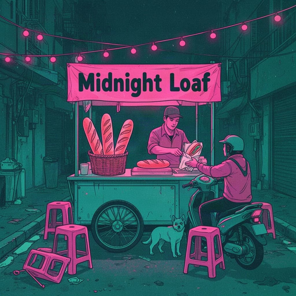 Two-color risograph print key art in fluorescent pink and teal with visible misregistration and paper grain, for a street food courier game. A night market alley: the banh mi cart at center with three baguettes standing upright in a basket and two more being sliced by the vendor, who hands one wrapped sandwich down to a courier straddling a scooter. Four plastic stools in front of the cart, three occupied and the one nearest the gutter tipped over. Two strings of bulbs cross overhead. A dog waits under the cart axle. The stall banner reads "Midnight Loaf".