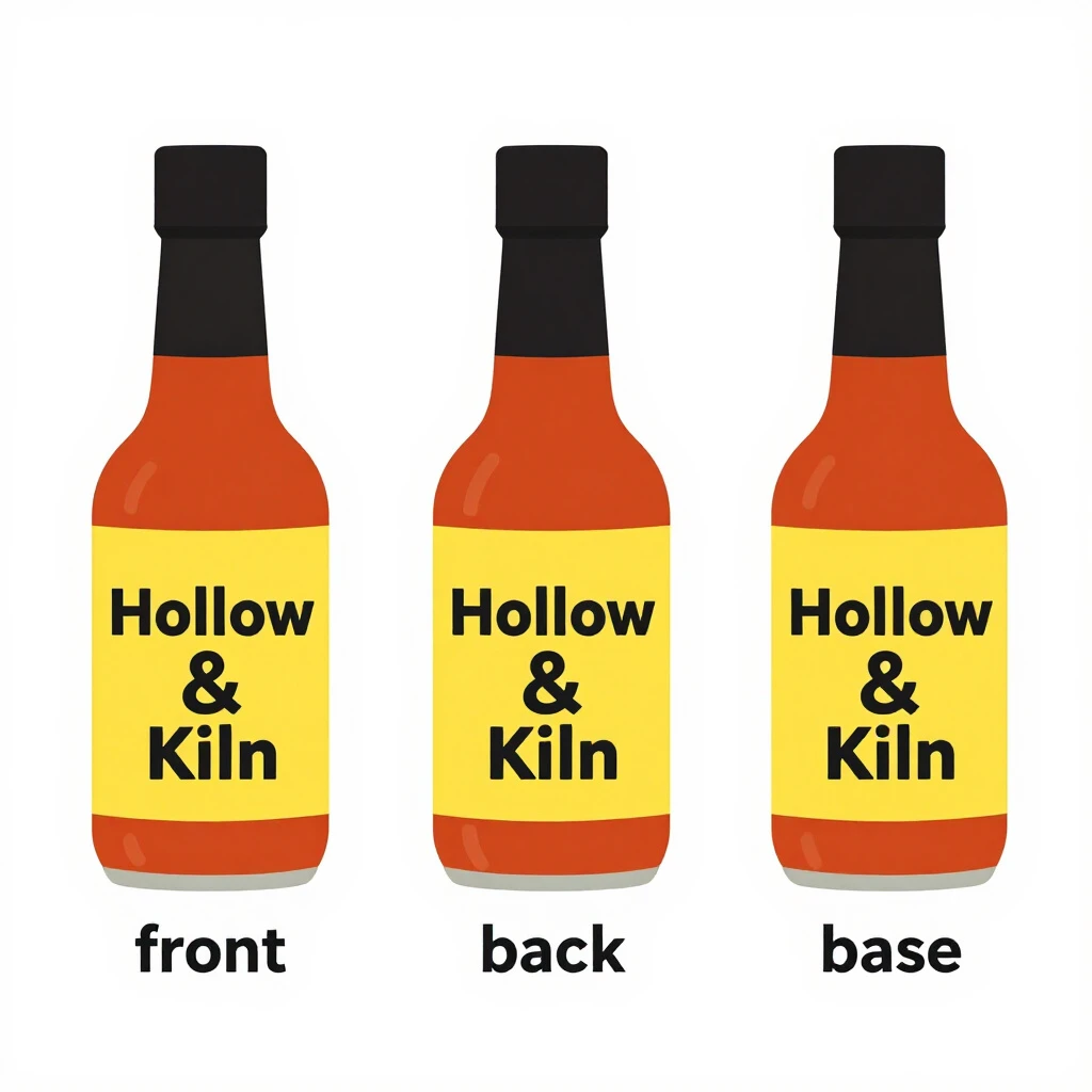 Flat vector illustration of the same hot-sauce bottle drawn in three views, captioned "front", "back" and "base", every view carrying the wordmark "Hollow & Kiln" in the same black-and-yellow coloring, only the angle changing.