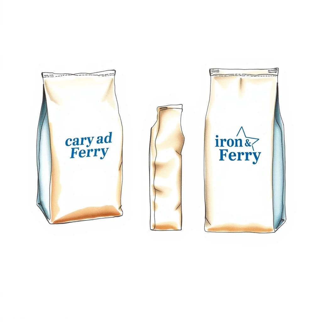 Watercolor of the same coffee bag drawn in three views, captioned "front", "side" and "back", every view carrying the wordmark "Iron & Ferry" with a five-point star outline beside it in the same blue-and-silver coloring, only the angle changing.