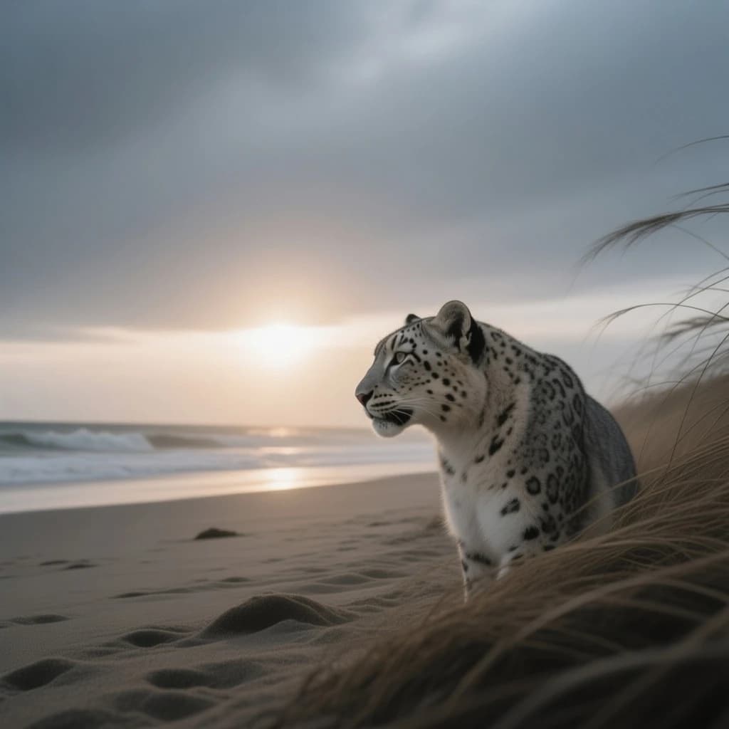 The pause when a snow leopard meets a low band of sun, on a windswept beach, under an overcast sky.