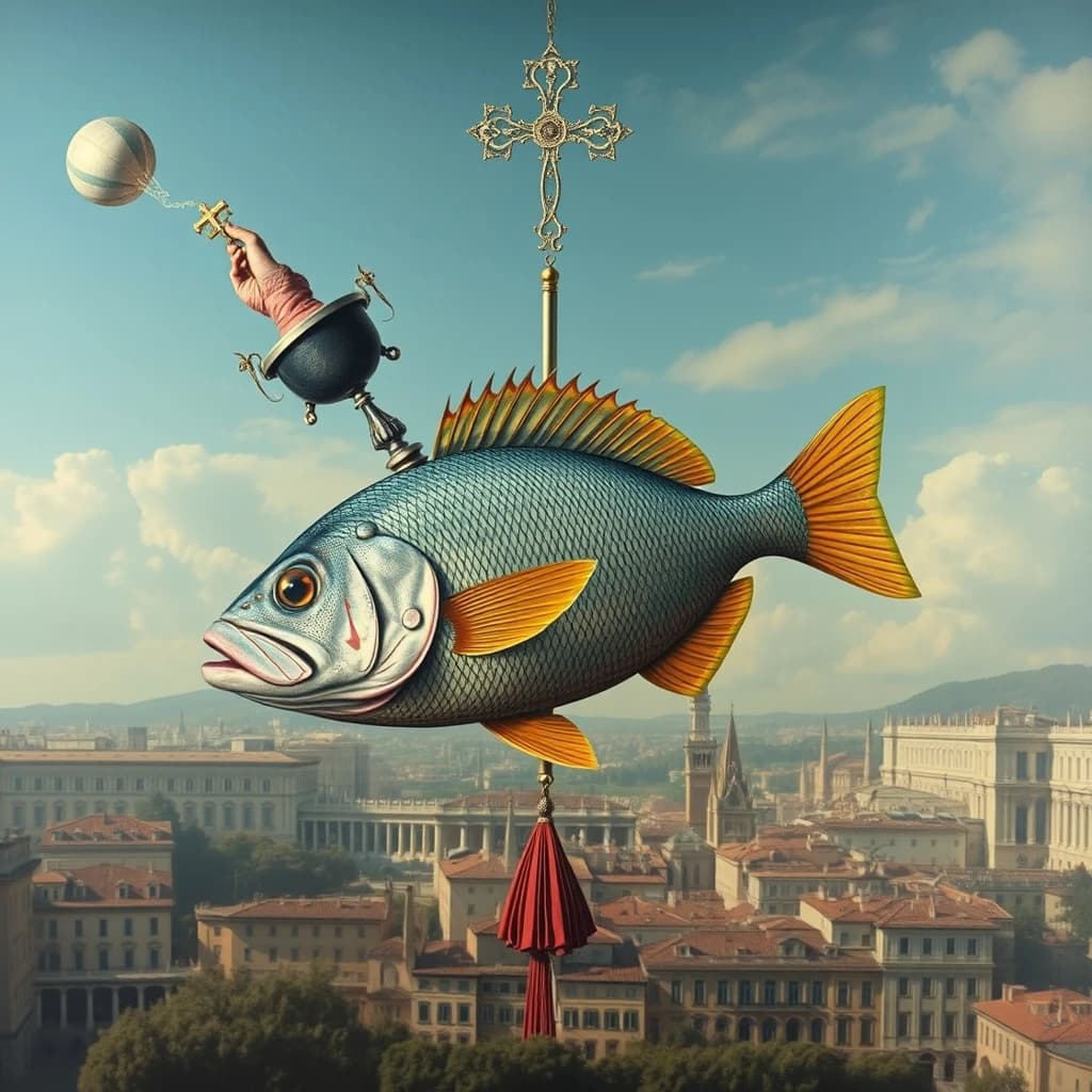 Scapular and Game Fish in Rome, Italy in the style of surrealist
