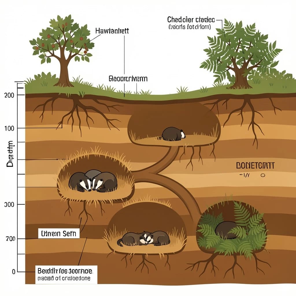 Flat vector cross-section of a badger sett cut through a hillside, soil drawn as layered ochre bands with tree roots threading through. Four chambers at different depths: the deepest lined with dry grass holding two sleeping badgers curled together, one mid level chamber standing empty, one holding three cubs, and a shallow chamber used for bedding storage. Five tunnels connect them, and two entrances break the surface, the left one under a hawthorn and the right one screened by bracken. Labels sit outside the soil profile on hairline leaders, with a depth scale in metres down the left edge.