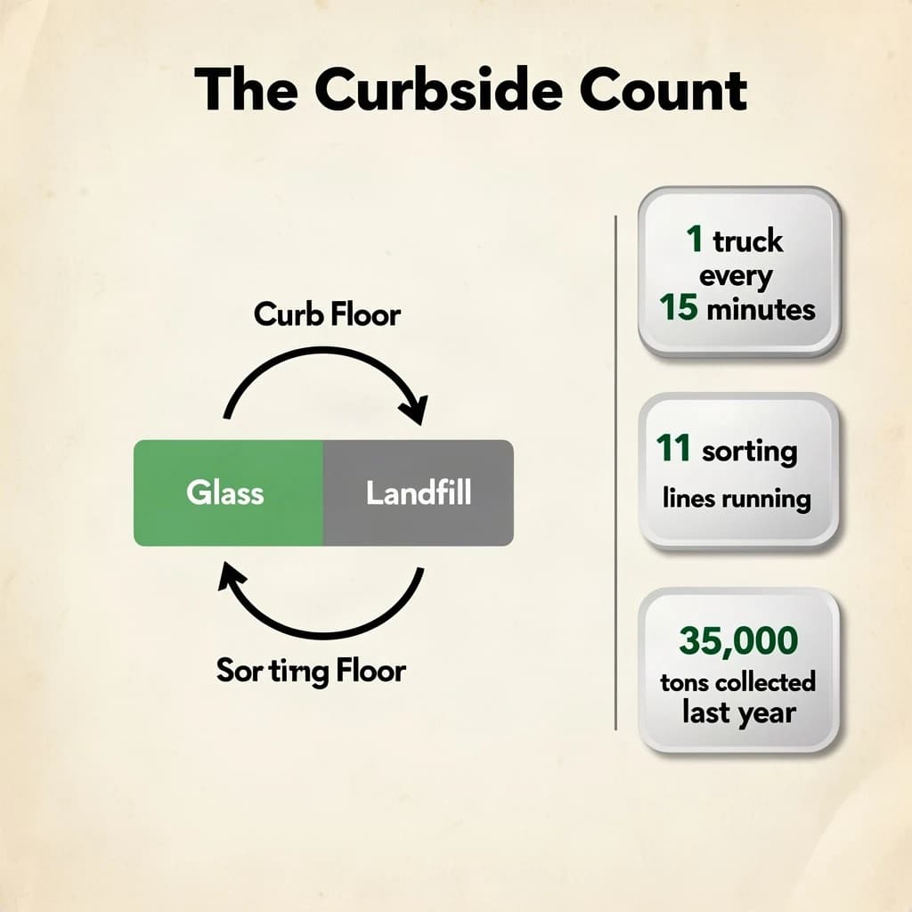 Printed poster titled "The Curbside Count": at the center a flow chart from curb to sorting floor, carrying two keyed regions, "Glass" shaded green and "Landfill" shaded gray, beside a right column of three stat chips reading "1 truck every 15 minutes", "11 sorting lines running" and "35,000 tons collected last year".