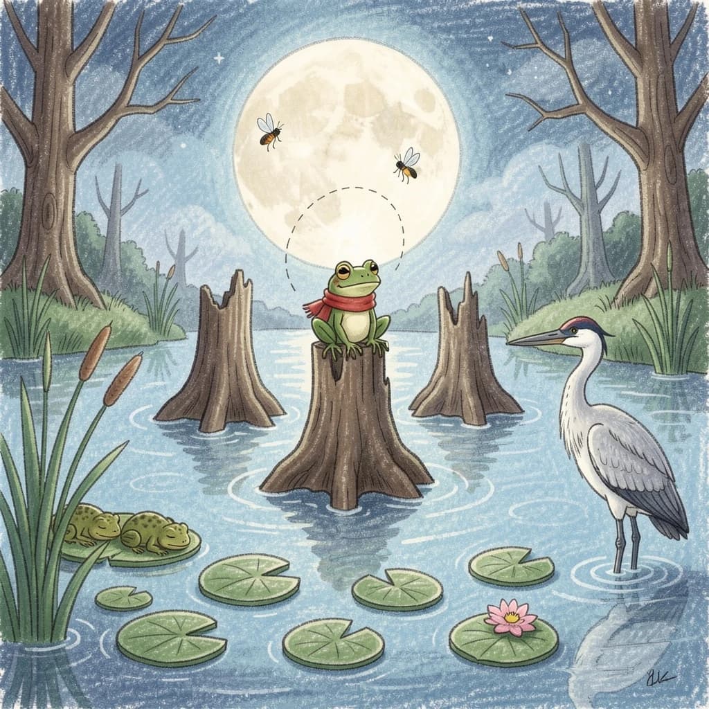 Story card in soft children's book illustration with crayon texture. A moonlit swamp with three cypress stumps in a row across the water. A small green frog in a red scarf sits on the middle stump. Two fireflies circle above his head while four more sit sleeping on the reeds to the left. A heron stands knee deep at the right edge, looking away from the frog. Nine lily pads float across the foreground, only one of them carrying a flower.