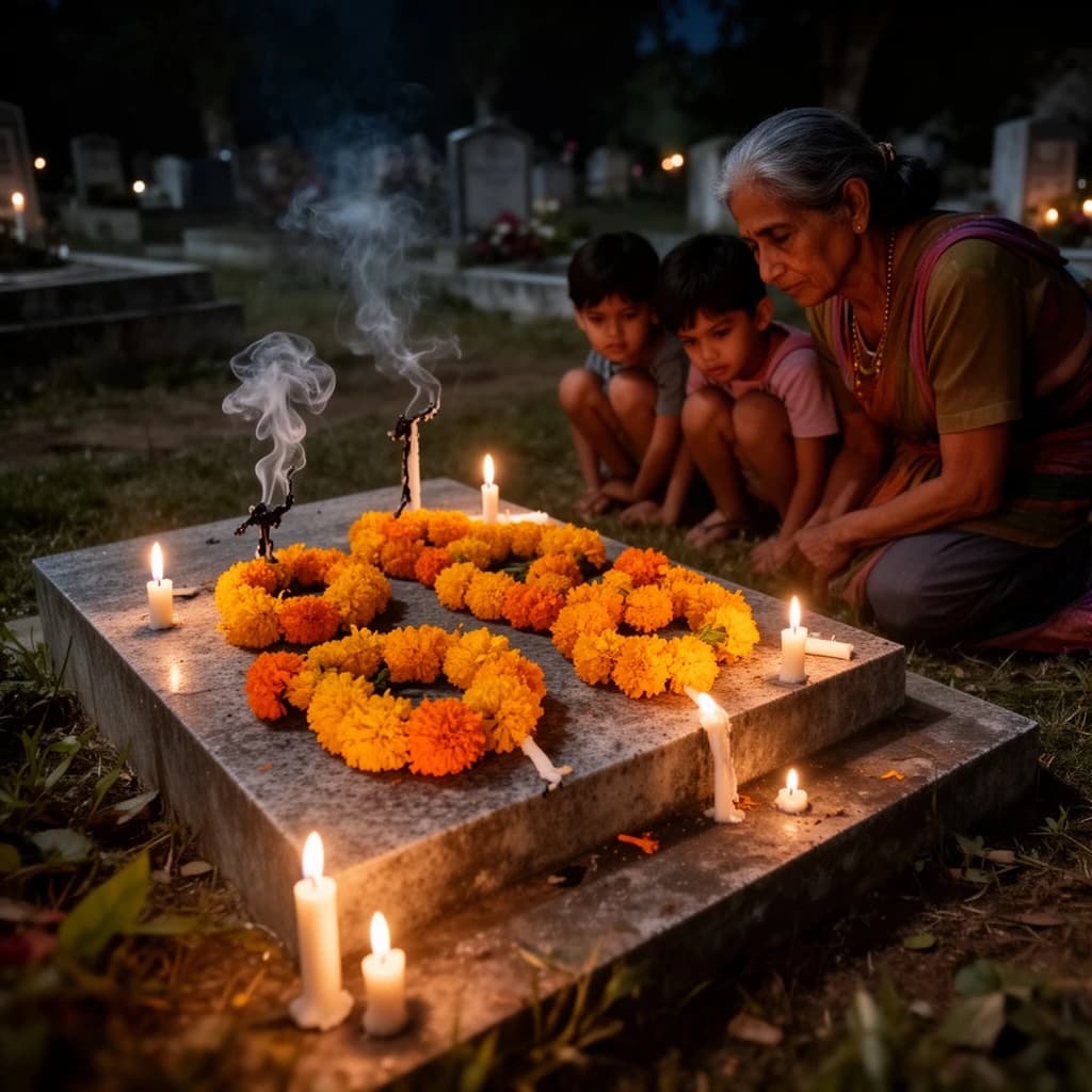 Photojournalism frame from a cemetery vigil at night: one grave slab carrying seven marigold garlands and nine lit candles, three of the candles guttered out and smoking, a grandmother and two children kneeling along the near edge.