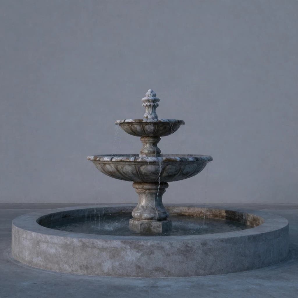 one marble fountain against plain concrete, dusk