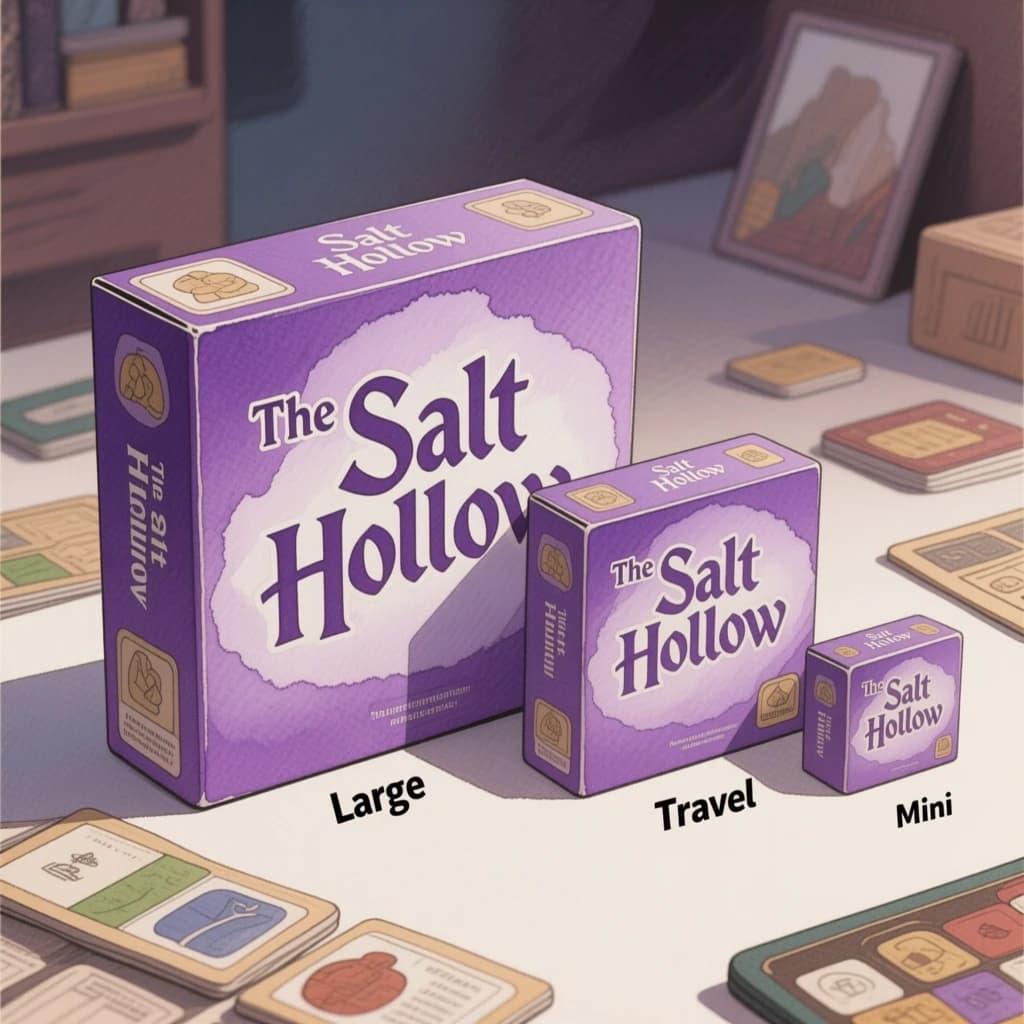 Watercolor of the same board-game box drawn in three editions, captioned "Large", "Travel" and "Mini", every edition carrying the wordmark "The Salt Hollow" in the same purple-and-white coloring, only the box size changing.