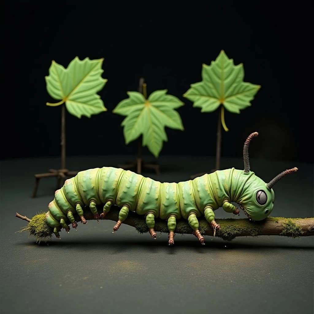 Macro photography of a practical effects test on a soundstage floor. A metre-long animatronic caterpillar puppet, dull green with a cream stripe, arched over a moss-covered branch: eight pairs of stubby legs, the front three pairs gripping the branch, the rest hanging free. Two thin black rods run out of frame to the right where a puppeteer's hands are just visible, and a third rod supports the head, which is turned toward camera with its mandibles open. Behind it, three sprayed foam leaves on stands, the middle one already chewed through. Hard key from above, black felt background, dust in the air.
