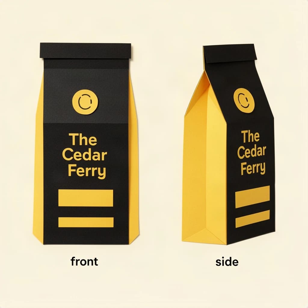 Cut-paper collage: one coffee bag in two views. The views are captioned "front" and "side" in that order. The wordmark "The Cedar Ferry" appears on every view. The black-and-yellow coloring is the same across every view, and only the angle changes.