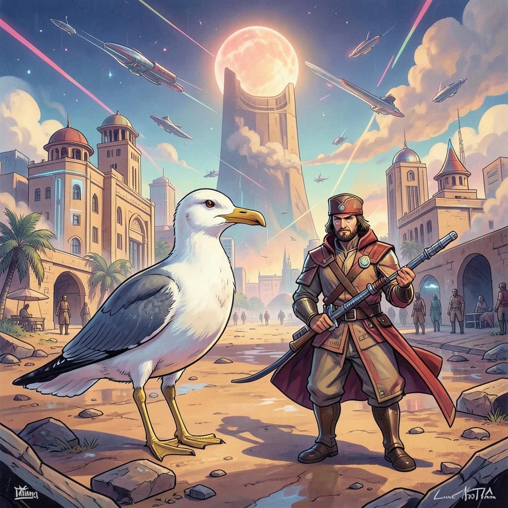 Seagull and Odonate in Khartoum, Sudan in the style of futurism