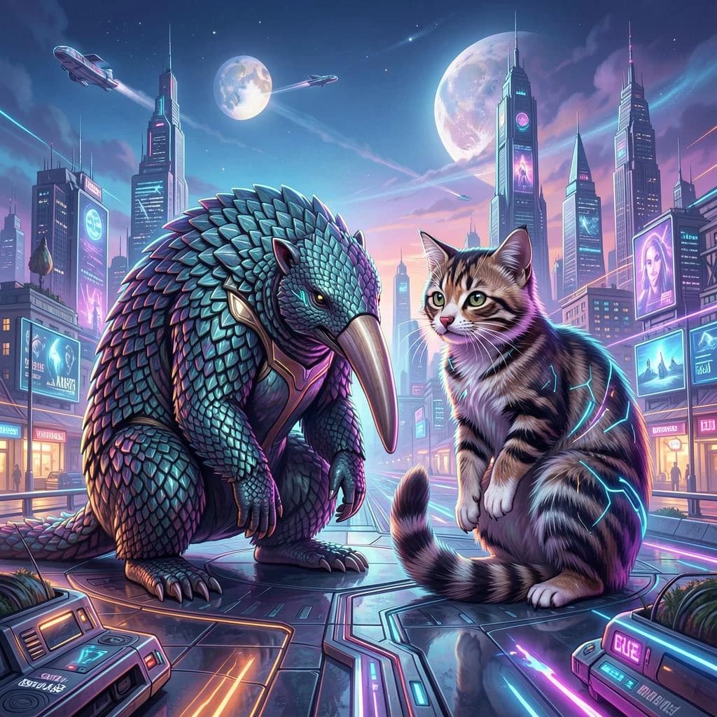 Scaly Anteater and Ringtail in Bucharest, Romania in the style of futurism
