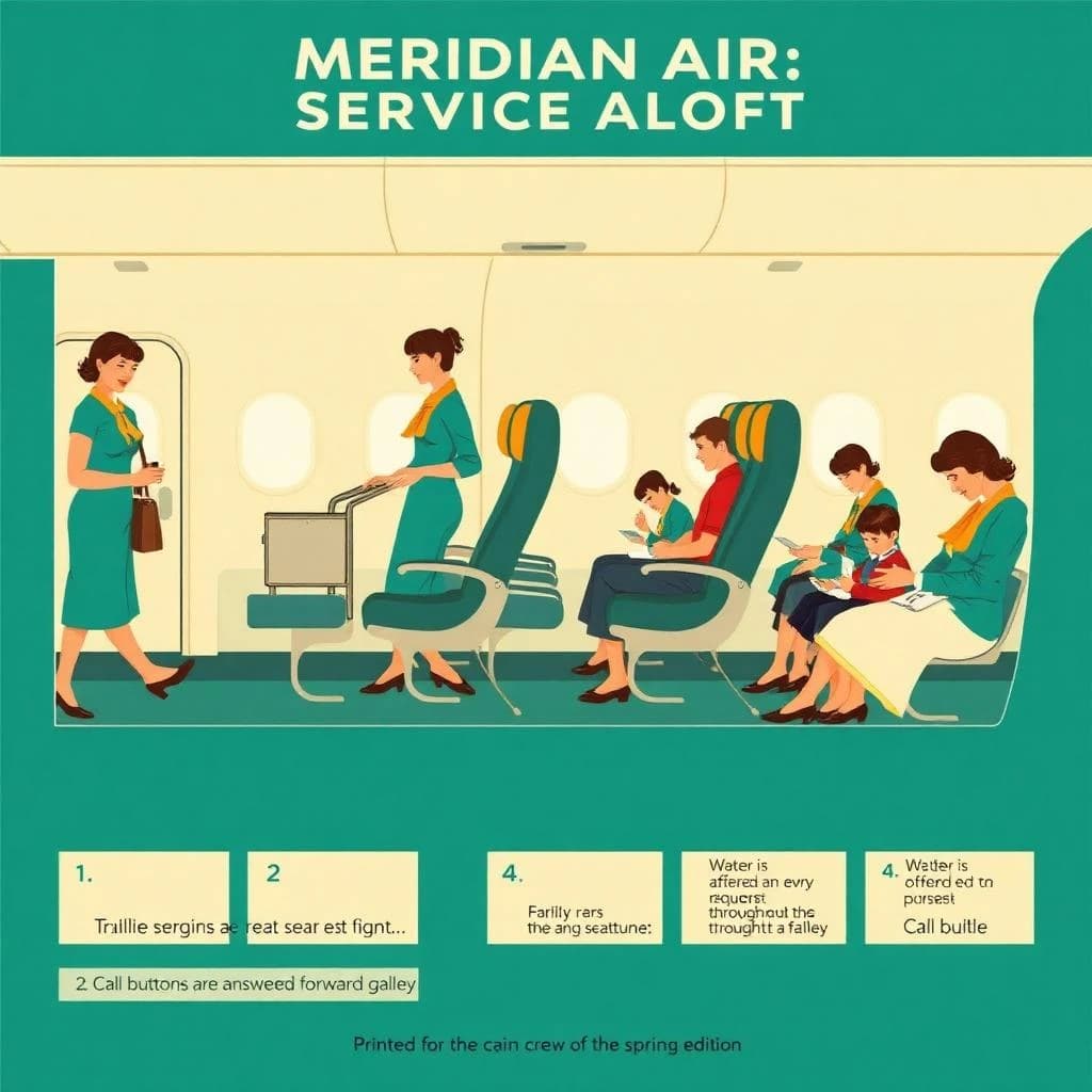 Flat vector poster in a nineteen sixties airline style, teal, mustard and cream.
A cutaway of a single aisle cabin seen from the side, five rows of seats visible. Three flight attendants in teal skirt suits with mustard scarves: one pushing a trolley in the aisle at row two, one handing a cup down to a window passenger in row four, one crouched beside a child in row five fastening a seatbelt. Nine passengers seated, four of them reading, and both aisle seats in row three empty.
Along the bottom, a numbered legend in cream boxes reading "1. Cabin service begins after the seatbelt sign is switched off.", "2. Trolleys are secured at every stage of turbulence.", "3. Water is offered on request throughout the flight.", "4. Call buttons are answered from the forward galley."
Masthead across the top reads "MERIDIAN AIR: SERVICE ALOFT", and a small line under the cabin reads "Printed for the cabin crew of the Meridian fleet, spring edition."
