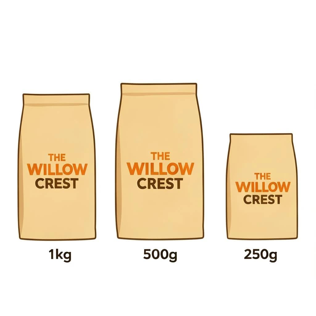 Flat vector illustration of the same coffee bag drawn in three sizes, captioned "1kg", "500g" and "250g", every size carrying the wordmark "The Willow Crest" in the same orange-and-brown coloring, only the bag size changing.