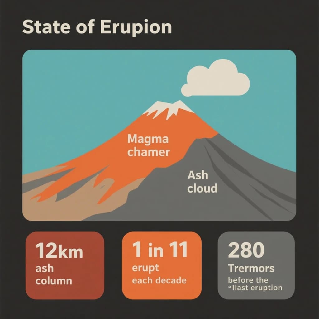 Flat infographic titled "State of Eruption". A simplified hazard map of the slopes sits at the center, carrying two keyed regions, "Magma chamber" shaded orange and "Ash cloud" shaded gray. Three stat chips run down a bottom row, reading "12km ash column", "1 in 11 erupt each decade" and "280 tremors before the last eruption". Each key color matches the shading of the region it names.