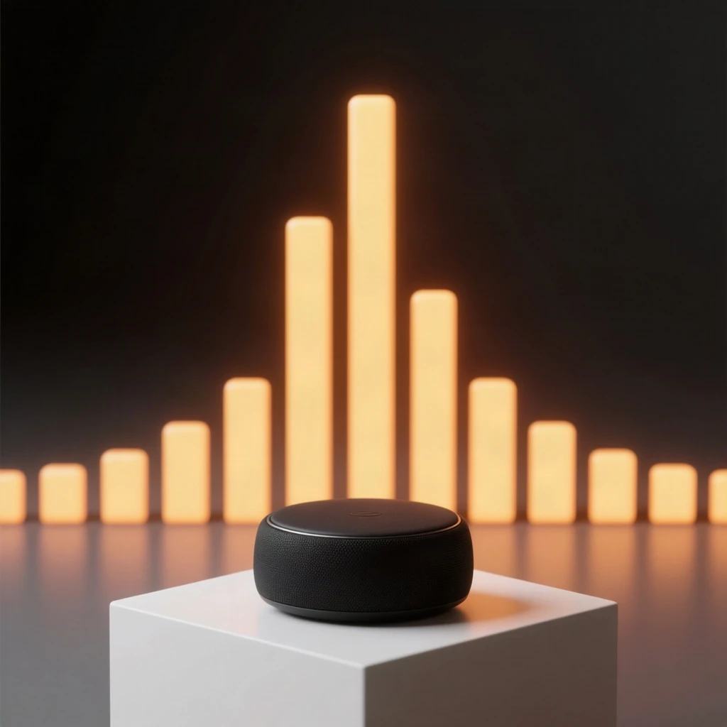 Cinematic 3D render of a matte black speaker puck on a white plinth, with a sound waveform behind it built from fourteen glowing amber bars in a gentle curve, the three tallest centred directly behind the puck and the bars shortening evenly toward both ends.