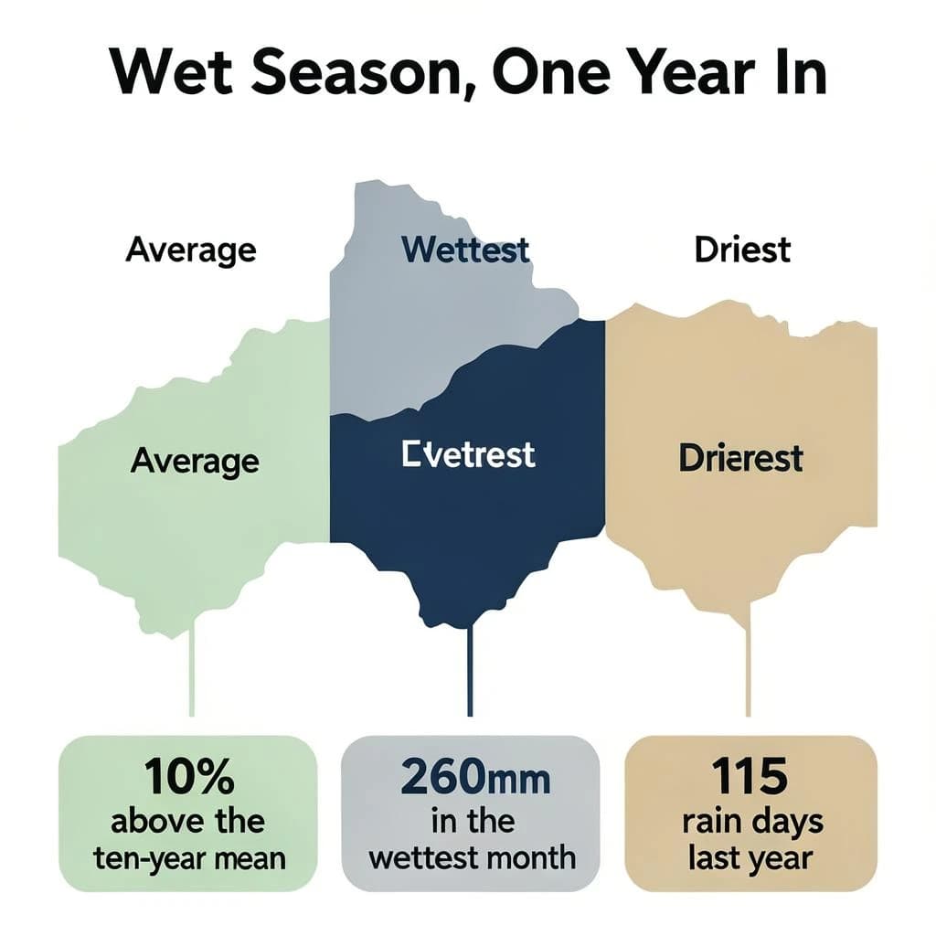 Flat vector illustration titled "Wet Season, One Year In". A twelve-month rainfall timeline sits at the center, carrying three keyed regions, "Average" shaded pale green, "Wettest" shaded dark blue and "Driest" shaded sand. Three stat chips run down a bottom row, reading "10% above the ten-year mean", "260mm in the wettest month" and "115 rain days last year". Each key color matches the shading of the region it names.
