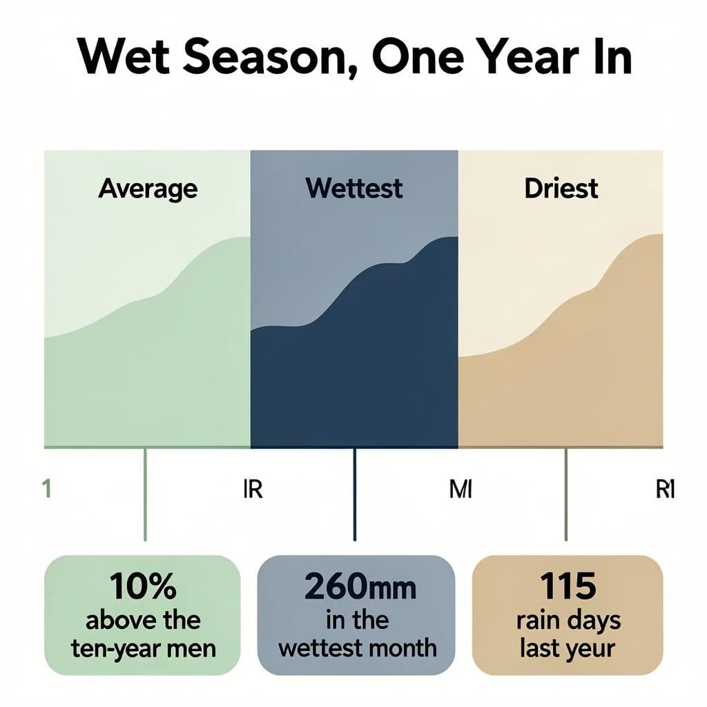 Flat vector illustration titled "Wet Season, One Year In". A twelve-month rainfall timeline sits at the center, carrying three keyed regions, "Average" shaded pale green, "Wettest" shaded dark blue and "Driest" shaded sand. Three stat chips run down a bottom row, reading "10% above the ten-year mean", "260mm in the wettest month" and "115 rain days last year". Each key color matches the shading of the region it names.