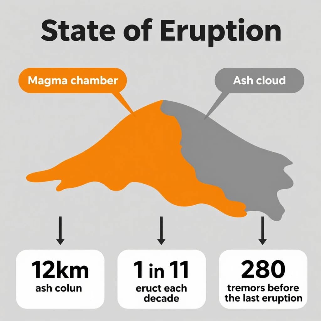 Flat infographic titled "State of Eruption". A simplified hazard map of the slopes sits at the center, carrying two keyed regions, "Magma chamber" shaded orange and "Ash cloud" shaded gray. Three stat chips run down a bottom row, reading "12km ash column", "1 in 11 erupt each decade" and "280 tremors before the last eruption". Each key color matches the shading of the region it names.