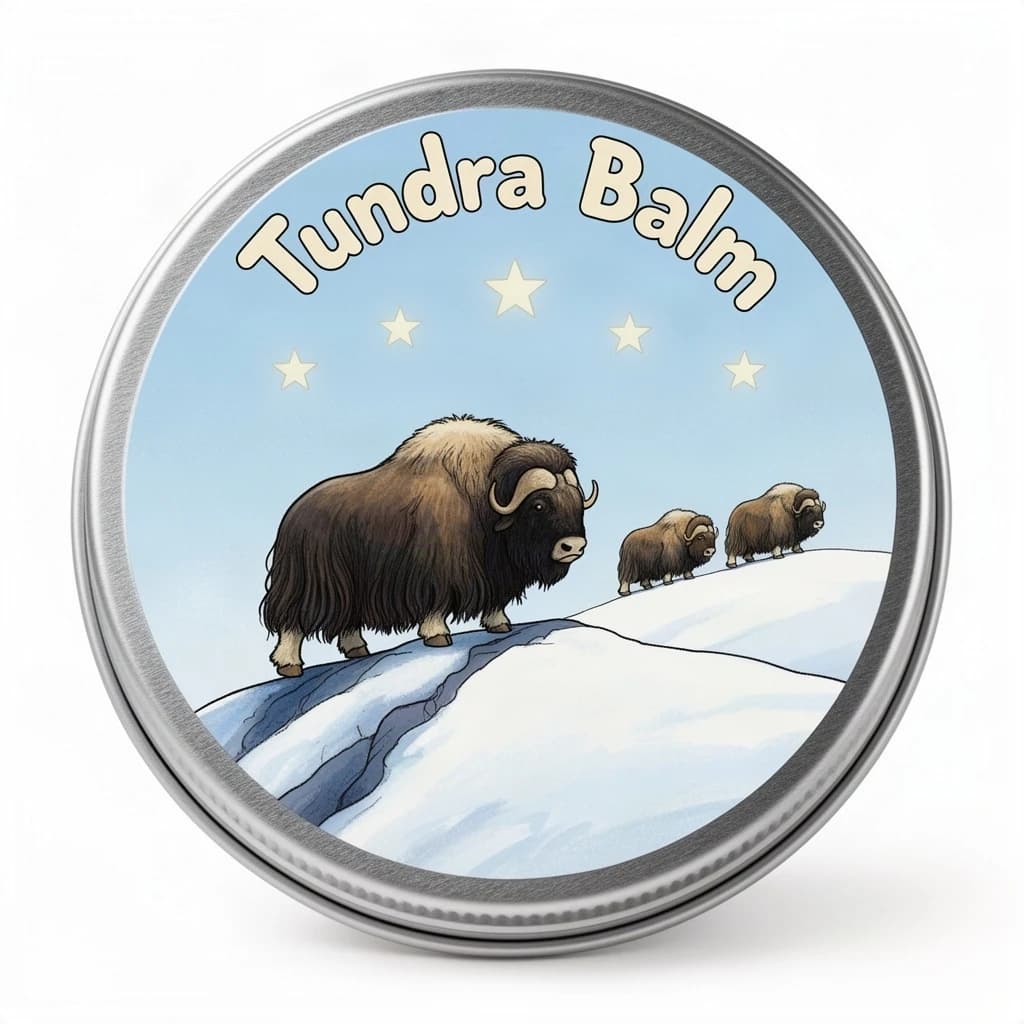 Children's illustration for a balm tin lid: a shaggy musk ox on a snowy ridge with three smaller ones following behind in a line, four pale stars in the sky above, and "Tundra Balm" curved along the top edge in rounded lettering.